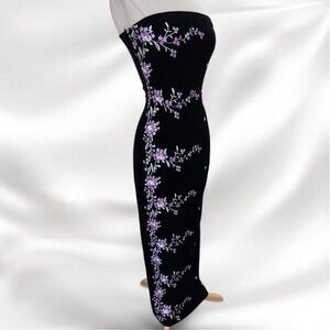 Vintage Roberta Black and Purple Floral Embroidered Strapless Maxi Dress
